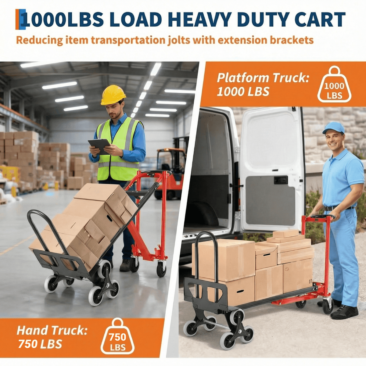 Heavy Duty 4-in-1 Convertible Hand Truck Dolly - 1000 LBS Capacity Industrial Stair Climbing Platform Cart, Foldable Utility Trolley for Moving & Transport