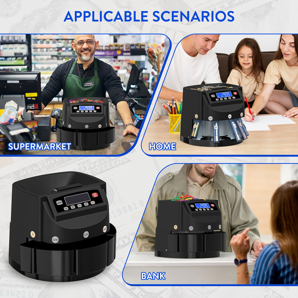 Coin Counter Machine Sorter, Change and Wrapper Roller Counting Organizer, Sorts up to 300 Coins Per Minute, Automatically Sorts and Batches, Office Supplies