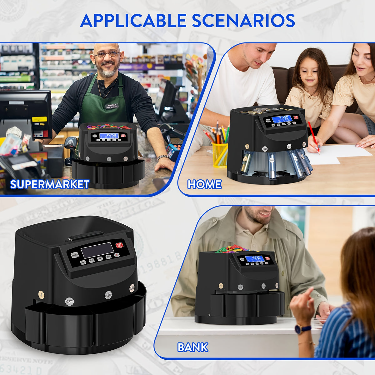 Coin Counter Machine Sorter, Change and Wrapper Roller Counting Organizer, Sorts up to 300 Coins Per Minute, Automatically Sorts and Batches, Office Supplies