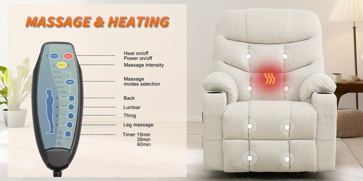 Recliner Chair with Massage And Heating Functions, Large Padded Sofa with Side Pockets, Recliner Chair, Suitable for Living Room And Bedroom