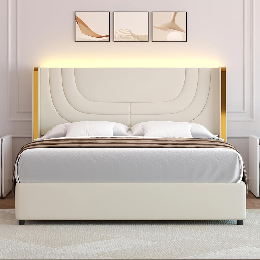 Twin Full Queen Size Bed Frame with LED Lights, Bed with Headboard And Wingback, Headboard Splicing Design, No Box Spring Needed, Easy Assembly, Pink/Beige/Black
