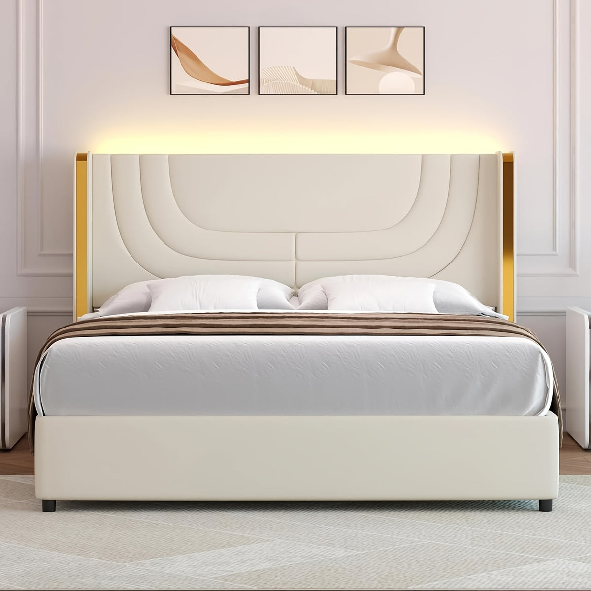 Twin Full Queen Size Bed Frame with LED Lights, Bed with Headboard And Wingback, Headboard Splicing Design, No Box Spring Needed, Easy Assembly, Pink/Beige/Black