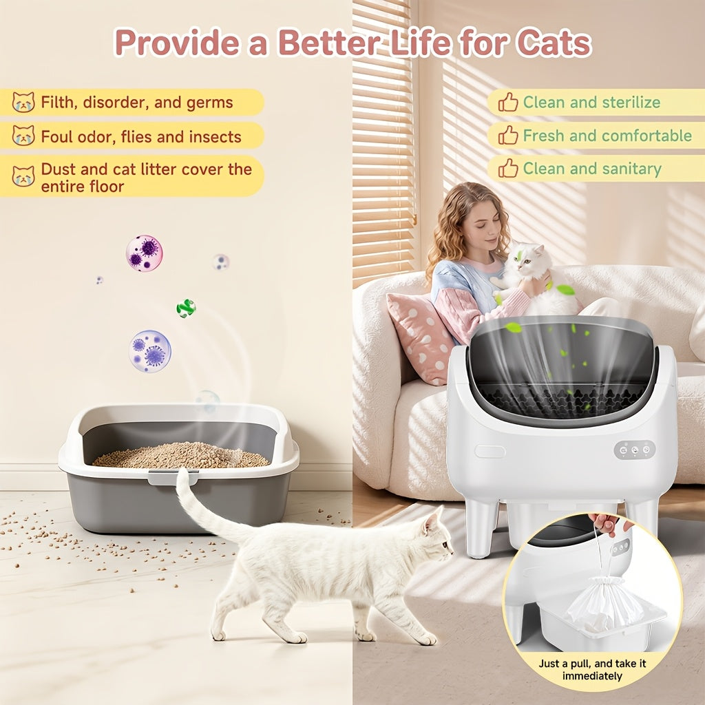 [Self-Cleaning Litter Box] Extra-Large Smart Self-Cleaning Litter Box with Built-In Sterilizing Light for Double Deodorization, Large-Capacity Waste Tray, 14-Day Automatic Cleaning, Open Design, Ideal Choice for Busy Households, Without Battery