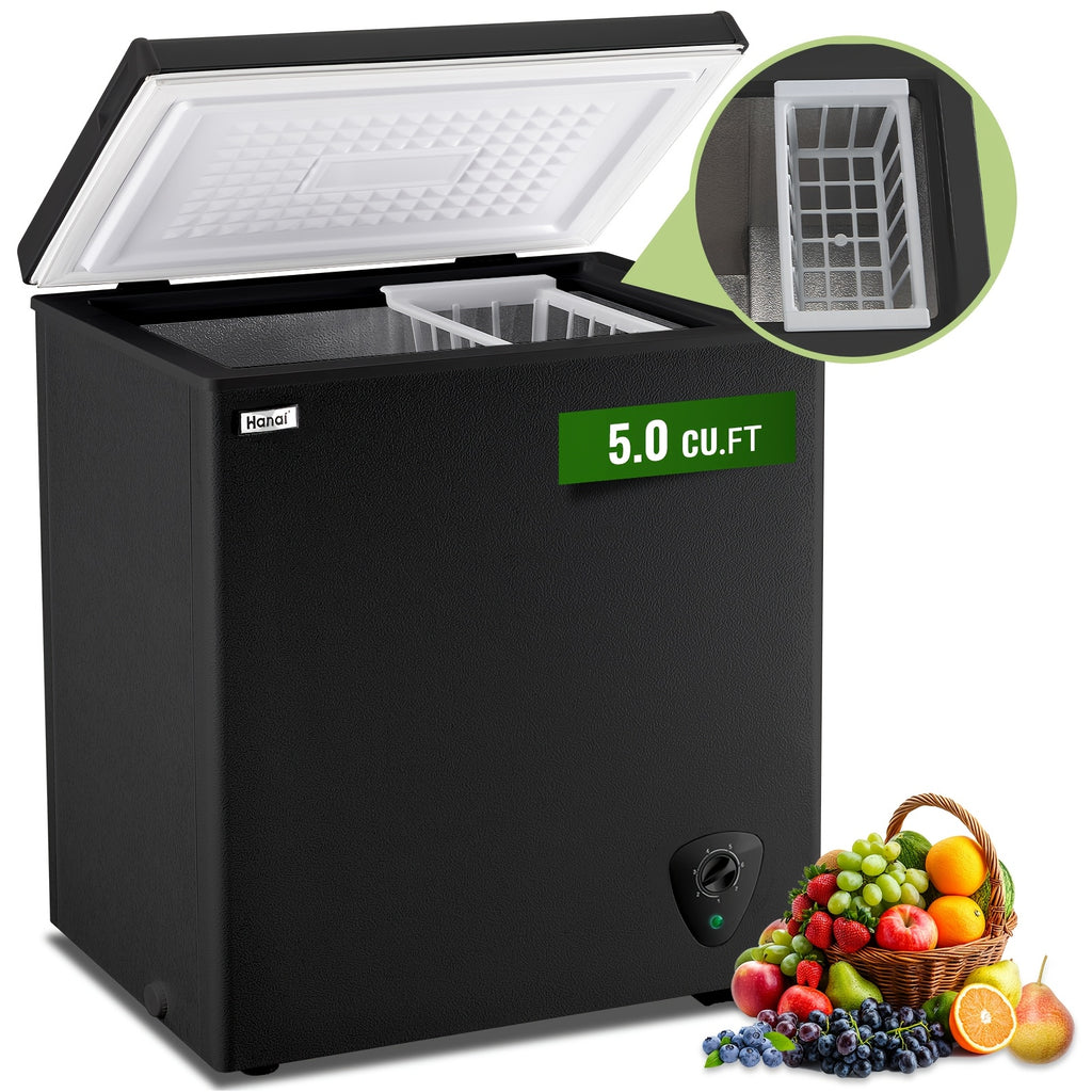 WANAI 5.0 Cu.Ft Chest Freezer with Removable Basket, Top Open Door Compact Freezer with Adjustable Temperature for Home/Kitchen/Office/Dorm BLACK
