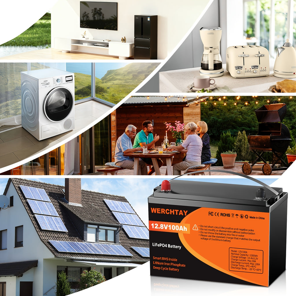 [Intelligent BMS Protection] WERCHTAY 12.8V LiFePO4 Battery 300/200/100Ah, Equipped with A+ Grade Battery Chips, 25000+ Deep Cycle Cycles, Intelligent BMS with Overcharge and Over-Discharge Protection, Suitable for Home Energy Storage, Outdoor RVs, and Of