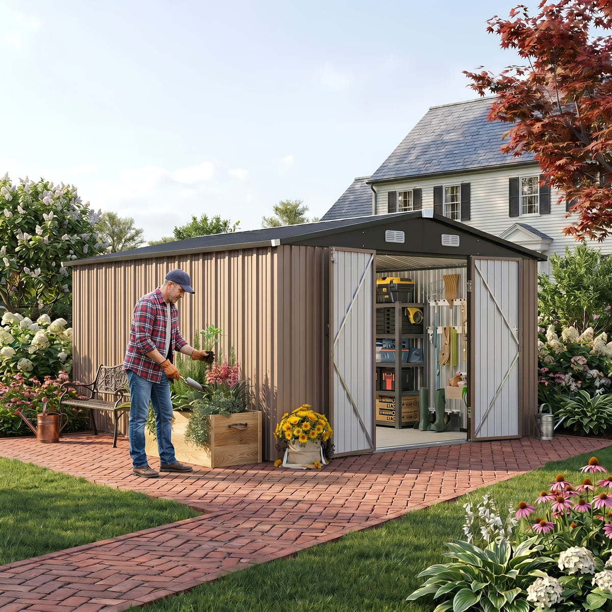 [Outdoor Storage Shed] ULSMVOC 10X12/10X8/8X6/6X4 FT Outdoor Storage Shed With Floor - Metal Garden Shed With Lockable Door And Sloped Roof For Garden, Backyard, Patio, And Backyard Brown