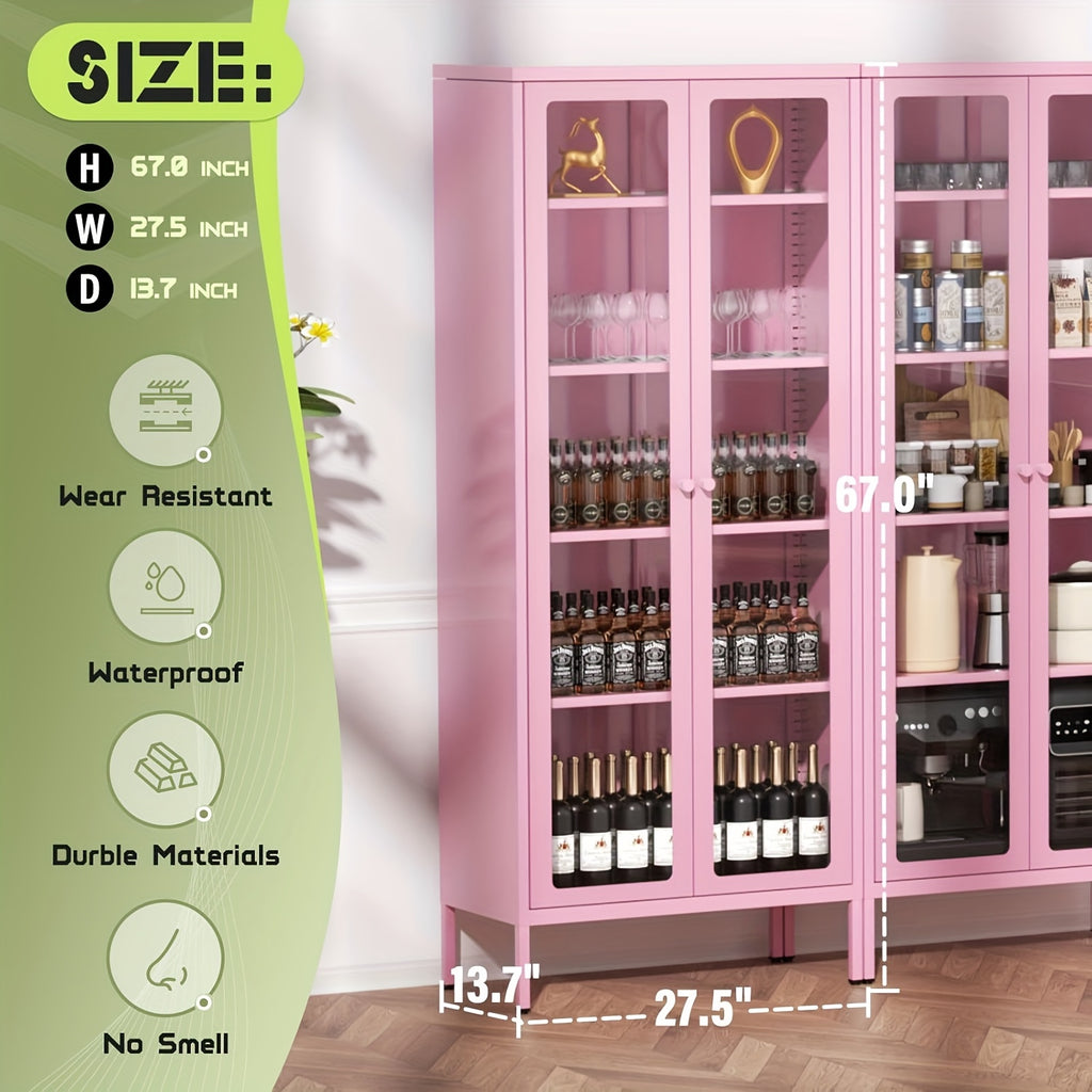 Metal Glass Display Cabinet With Five-Tier Storage Shelves Tall Glass-Door Display Cabinet Steel Storage Cabinet Display Unit Ideal For Home Offices And Living Rooms (Blue/Pink/White/Black)