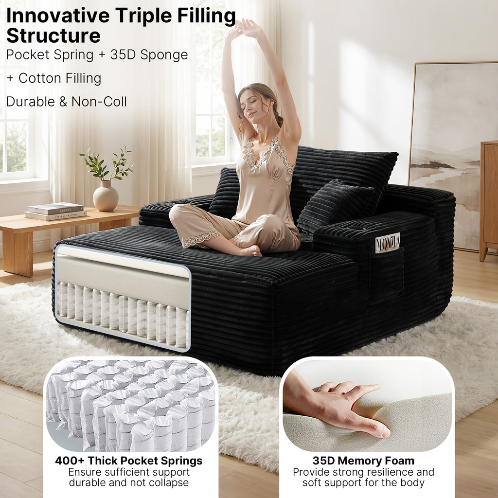Extra-Large Boneless Sofa Chaise Lounge, with Cup Holder And Side Pockets, Living Room Sofa Chair Bed, Compressible High-Rebound Foldable Recliner, Supportive Pocket Spring System And High-Density Foam Padding, Non-Sinking Convertible Lounge Bed