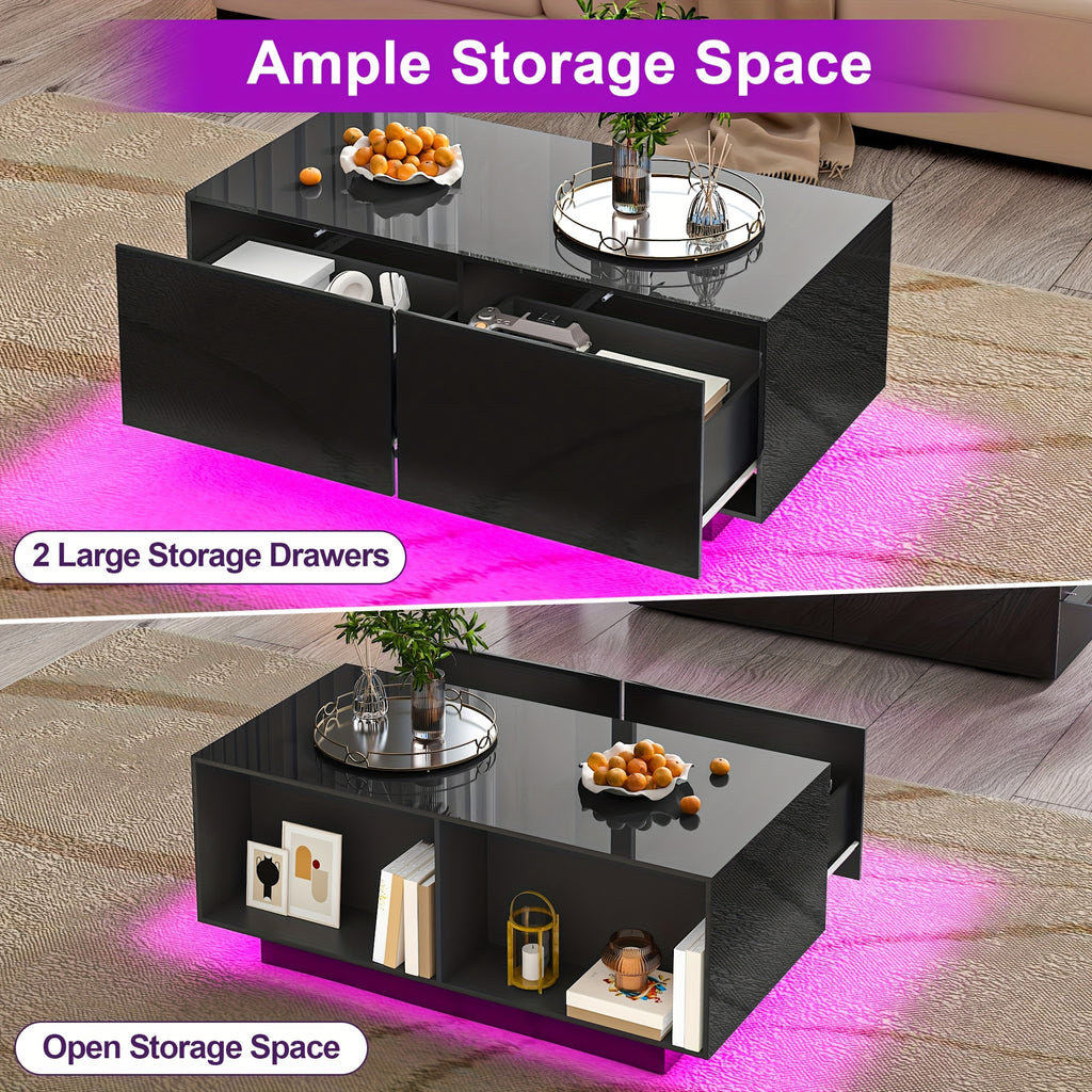 High Glossy LED Coffee Table, Modern Coffee Tables with Open Display Shelf And Sliding 2 Drawers, Rectangular Coffee Table with LED Lights for Living Room, Dining Room, White/Black