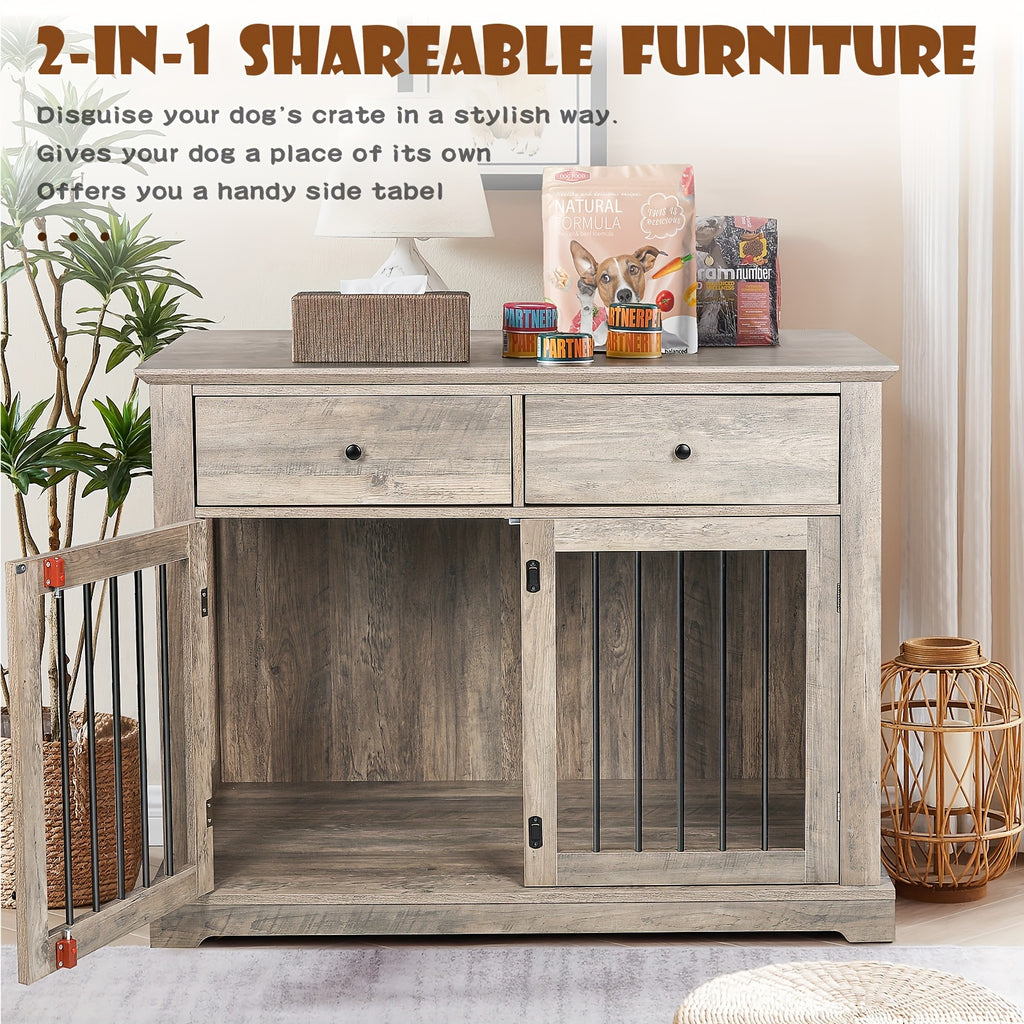 44 Inch Large Dog Crate Furniture, Wooden Dog Kennel End Table With Storage Drawers, Decorative Pet Crates Dog House Indoor For Dogs