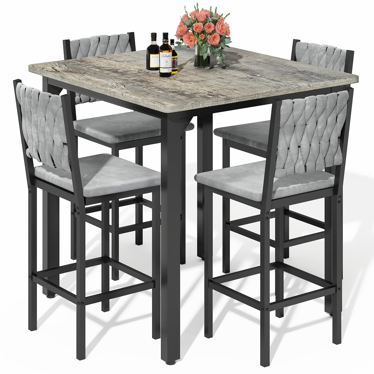5pcs Dining Table and Chair Set, Modern Contemporary Kitchen Furniture with Upholstered Chairs, Rectangle Mixed Color Counter Height Table and 4 Bar Stools, Compact for Small Space, Imitation Marble Texture, Suitable for Living Room and Bar