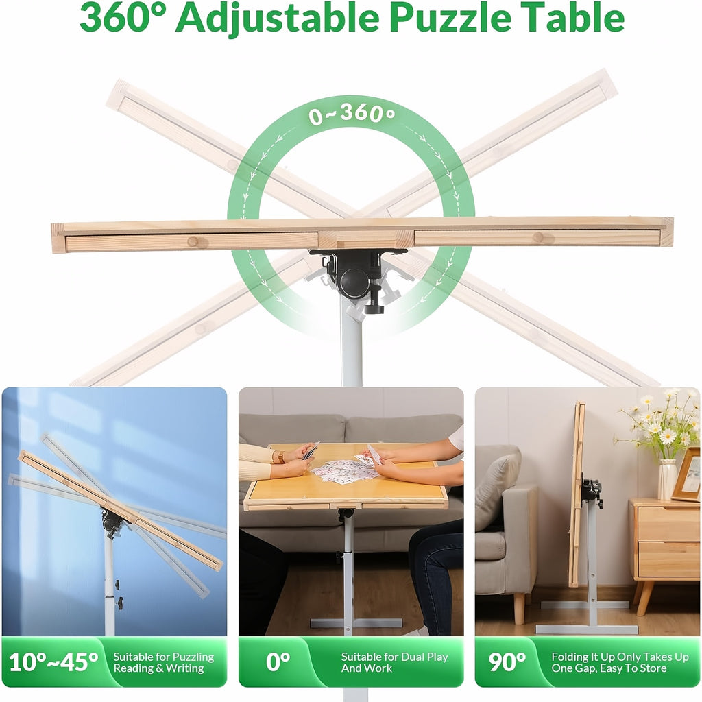 Adjustable Height Puzzle Table with Tilt Board And Sorting Trays, 35 X 26 Inches Large Puzzle Table for Up to 1500pcs, Smooth 28.4-35.4 Inch Height Range, Rolling Wheels, Stable Metal Frame, Portable Puzzle Station for Adults Seniors
