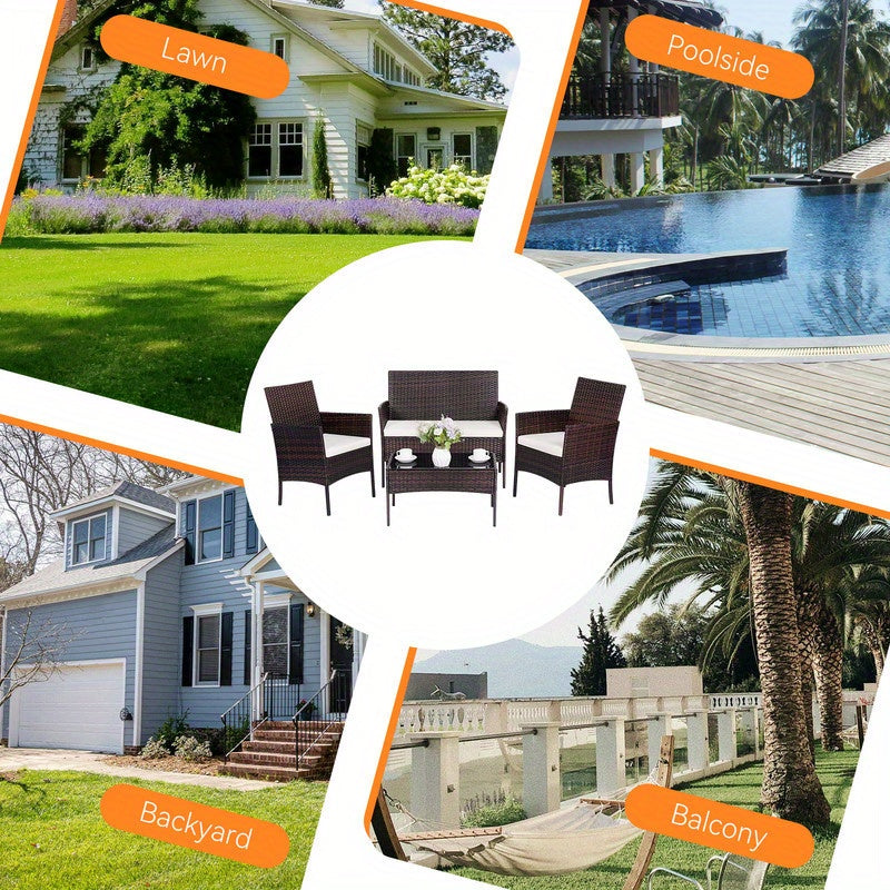 PUPATIOB 4pcs Wicker Patio Conversation Set, Outdoor Rattan Sofas with Table Set, Patio Furniture Set with Soft Cushions & Tempered Glass Coffee Table for Poolside Balcony