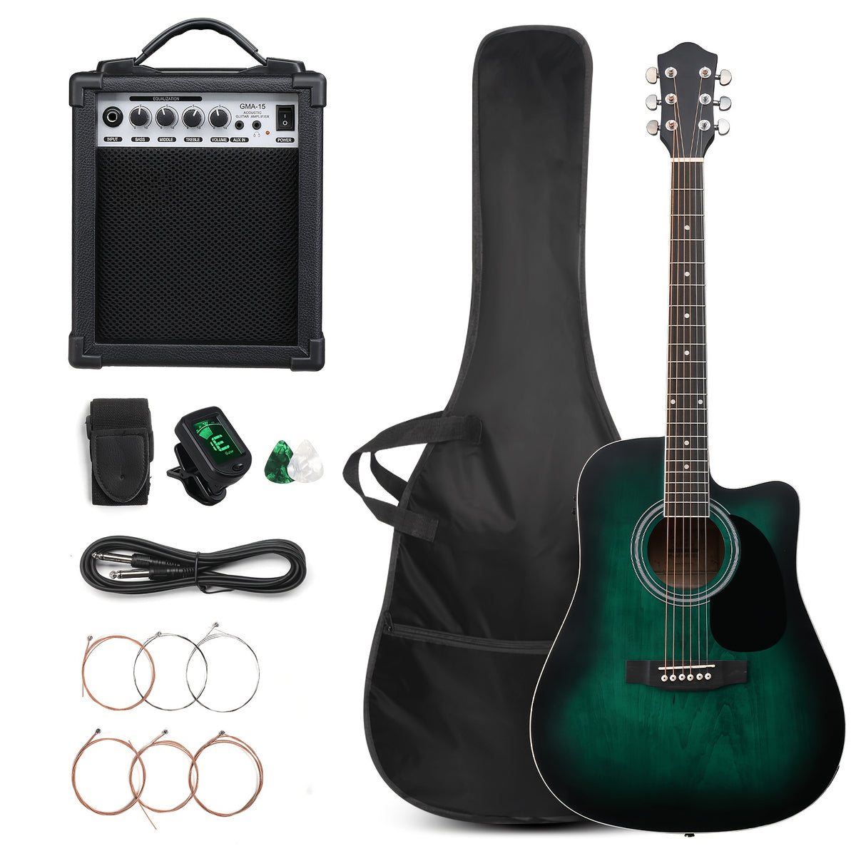 Bonnlo Electric Acoustic Guitar Kit, Full Size Acoustic Folk Guitar, 6-String, Cutaway Design, with AMP, Built-In Tuner, Bag, Strap, Picks, Complete Additions, ALL-IN-ONE Set for Beginner, Birthday/Festival Gift for Music Lovers