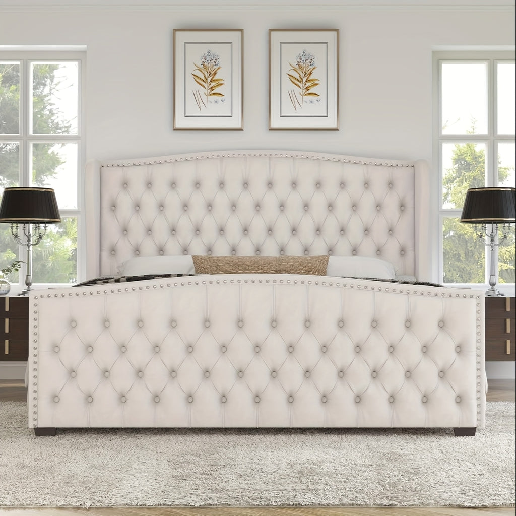 Platform Bed Frame, Velvet Upholstered Bed with Deep Button Tufted & Nailhead Trim Wingback Headboard/No Box Spring Required/