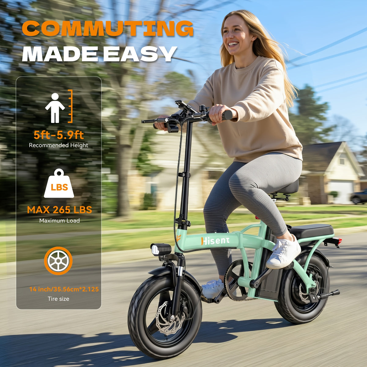 Hisent G11&F9 Folding Electric Bike | Dual Suspension System | Upgraded Frame | 12-35 Miles Range (Optional) | Features Dual Seat, LED Headlight, Disc Brakes, 14-Inch Tires, 500W High-Power Motor, Top Speed Of 19.9 Mph