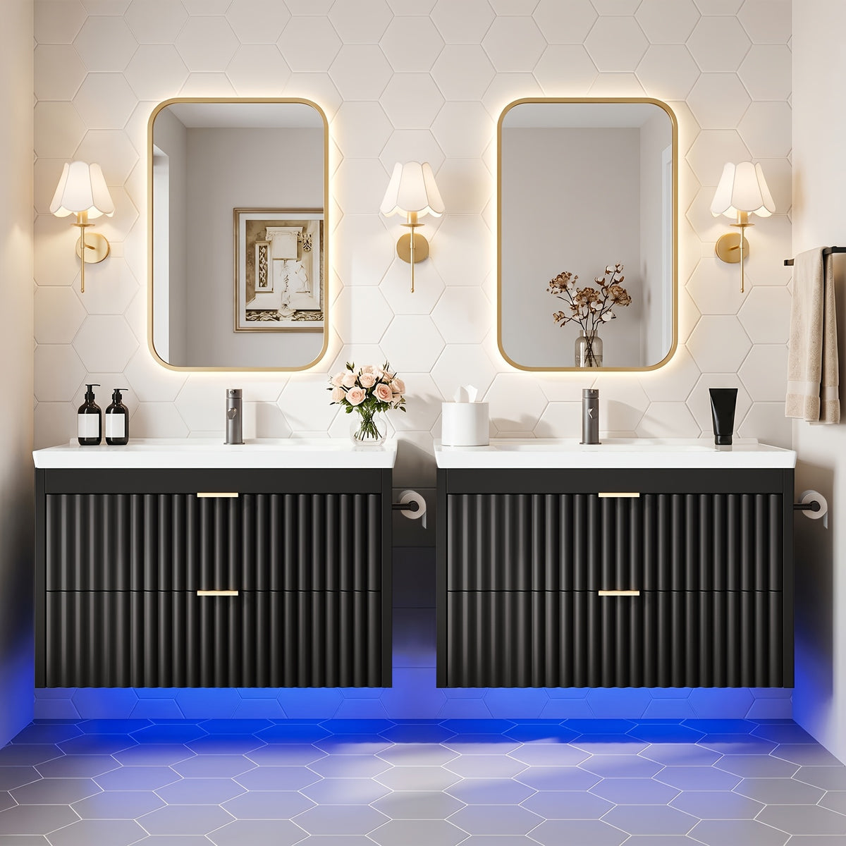 24" Wall Mount Floating Bathroom Vanity with LED Lighting, 3-Hole Ceramic Sink Included, Wave Fluted Textured Cabinet Door, 2 Soft Close Drawers, Modern Suspended Bathroom Vanity Cabinet for Small Bathrooms, Black & White Optional