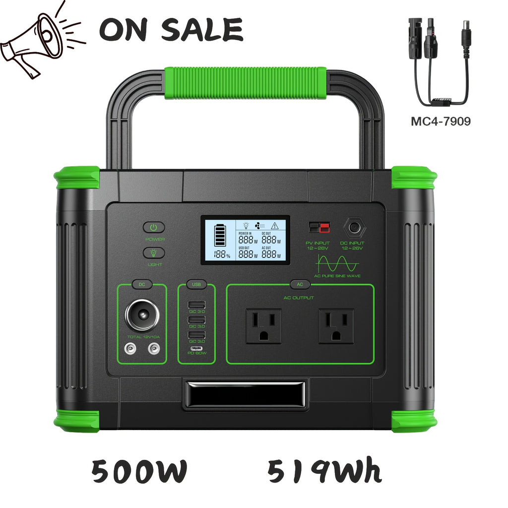 500W Solar Portable Power Station, 519Wh Portable Power Station (Peak 1000W) for Iphone Duo, Generator with Dual DC Output, PD 60W USB-C Fast Charging, ABS Material Battery Power Station Supply for Home Emergencies, Outdoor Camping, Road Trips
