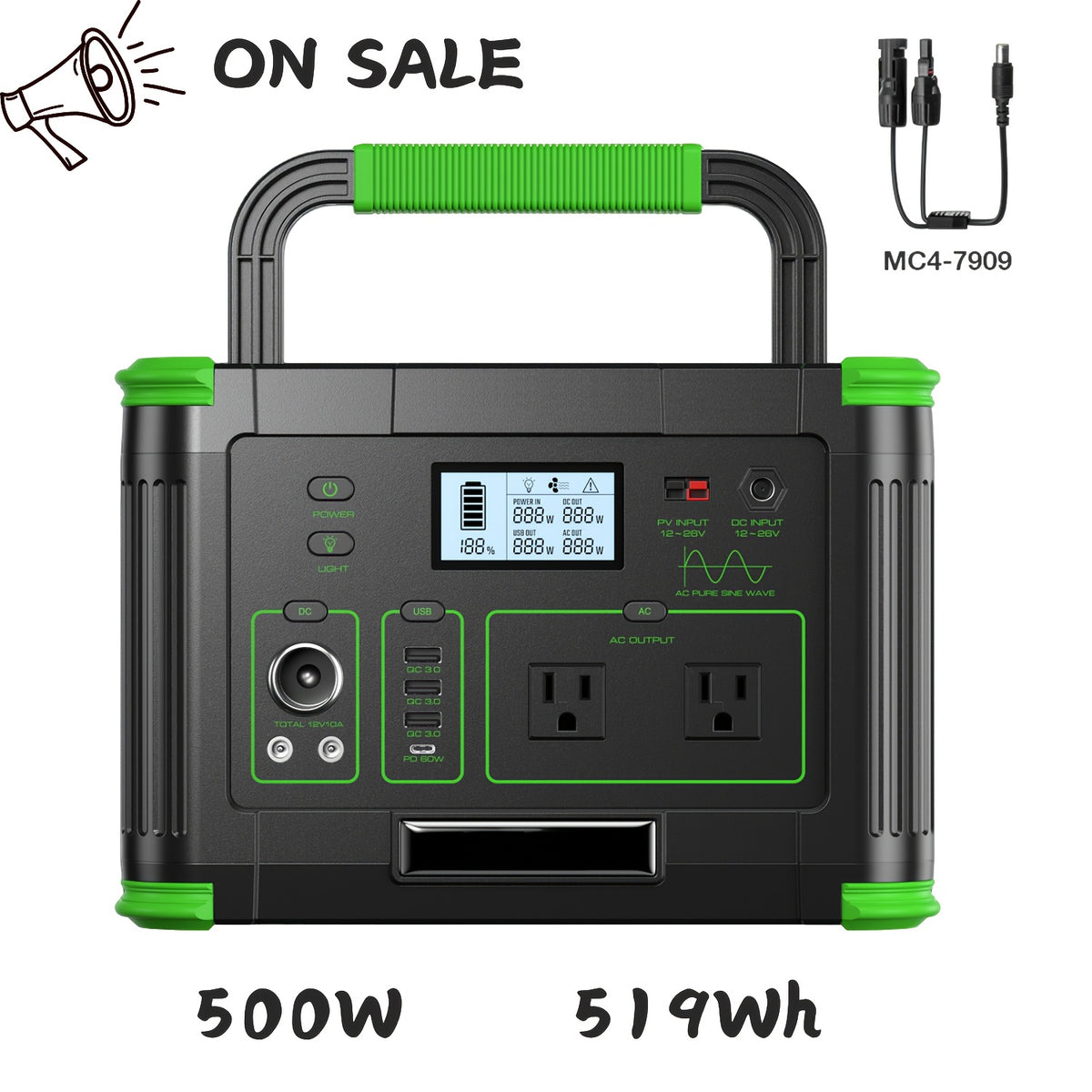 500W Solar Portable Power Station, 519Wh Portable Power Station (Peak 1000W) for Iphone Duo, Generator with Dual DC Output, PD 60W USB-C Fast Charging, ABS Material Battery Power Station Supply for Home Emergencies, Outdoor Camping, Road Trips