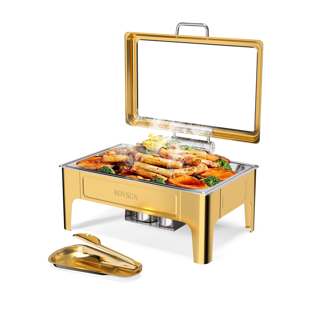 9QT square 304 stainless steel hot pot, hydraulic glass cover and food pot - golden buffet heater, suitable for catering, parties, events and home use only for cooking (1 pack))