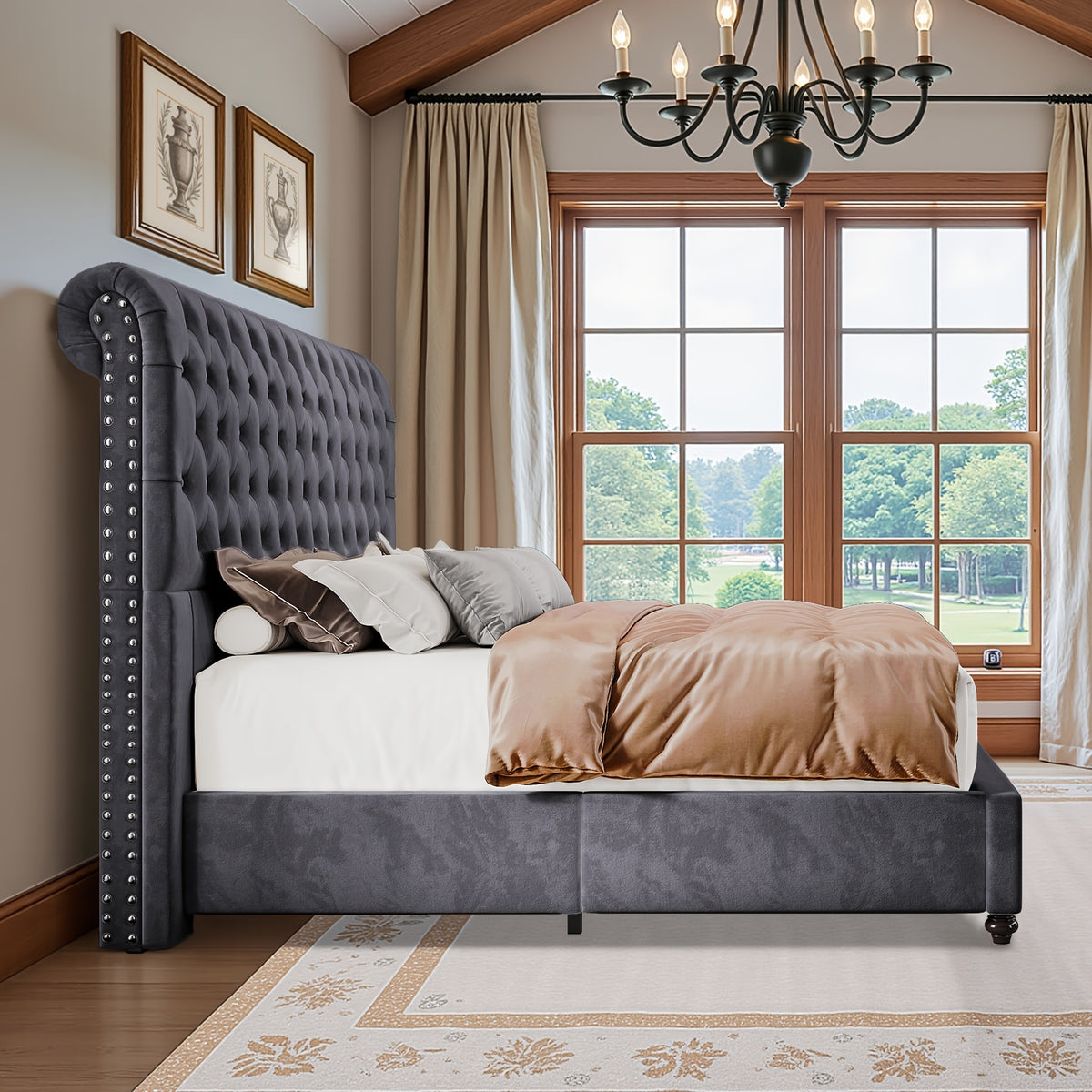 LUXOAK Bed Frame King/Queen Size, Velvet Tall Headboard King Bed Frame with Button Tufted 52.8" Tall Sleigh Headboard, No Box Spring Needed, Easy Assembly