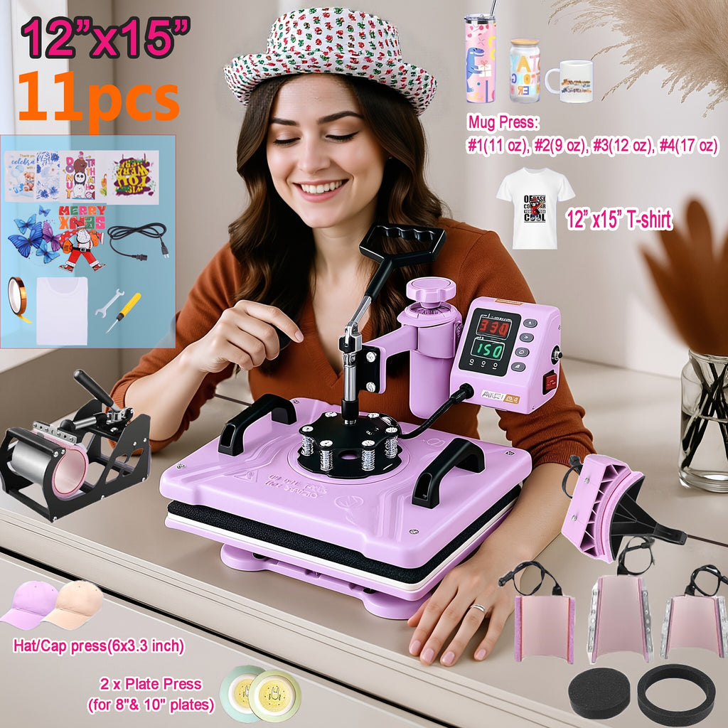 11pcs 8-in-1 - 15"x15"/12"x15" Heat Press Set for T-Shirts, Bags, Pillows, Hats, Beanies, Roller - 12"x10" T-Shirt Machine(Weight 25.35 Lbs) & 15"x15" Auto Single-Workbench & 15"x15" Auto Dual-Workbench Heat Press Only for Cloth, Shirts, Canvas Bags