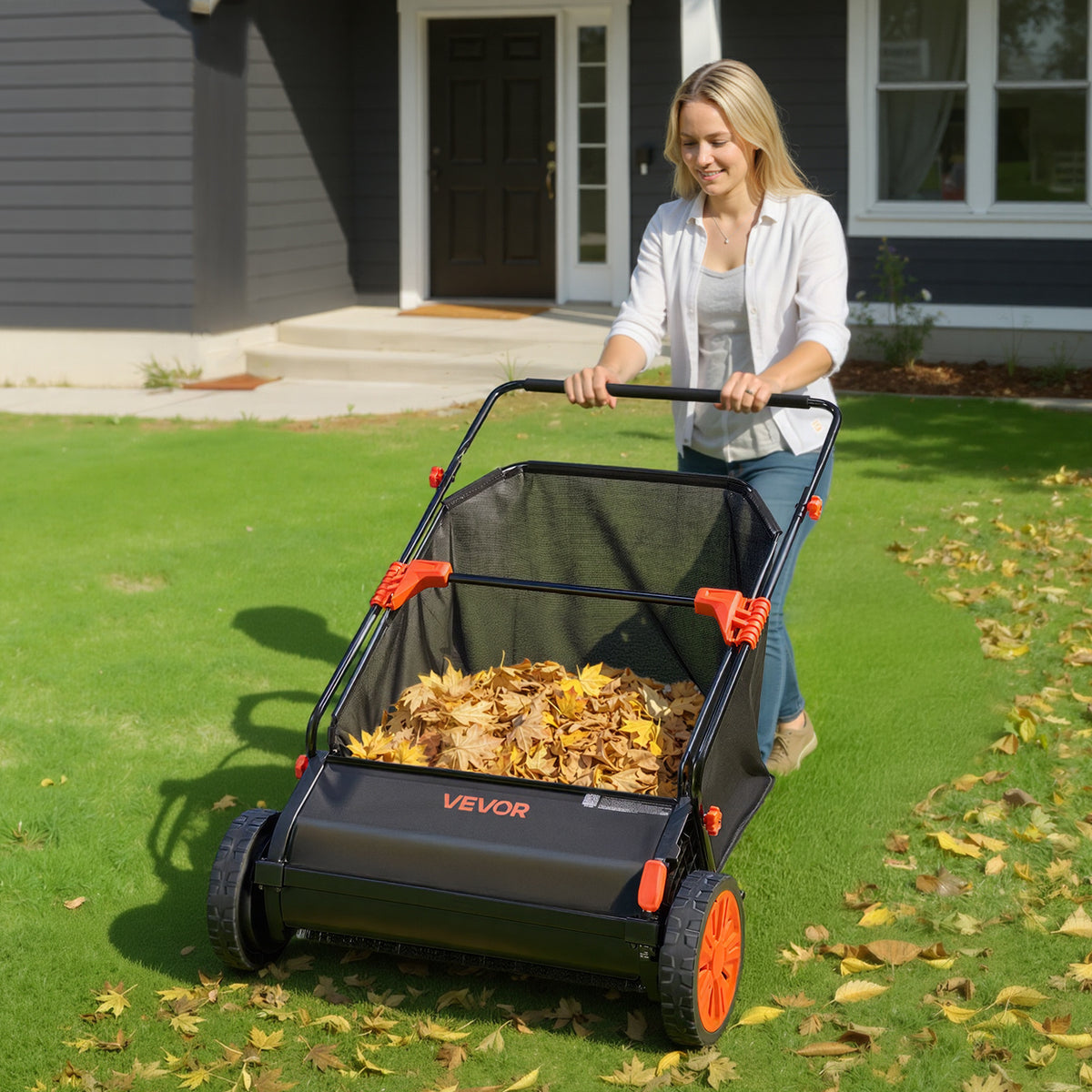 VEVOR Push Lawn Sweeper, 26 in Leaf & Grass Collector with 7 cu. ft. Hopper Bag, Adjustable Brush Height & Spinning Brushes, Heavy Duty Yard Sweeper with Rubber Wheels for Leaves Grass Cleanup