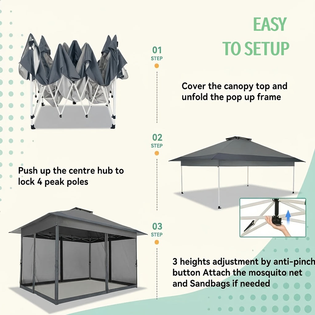 12x12ft/13x13ft Pop-Up Gazebo, Canopy with 4 Removable Mosquito Nets, Includes 4 Sandbags And Carry Bag, 3 Height Adjustments, Outdoor UV-Protective Gazebo, Easy to Carry And Set Up, Ideal for Gardens, Lawns, Parties, Camping, Fairs, Outdoor Events