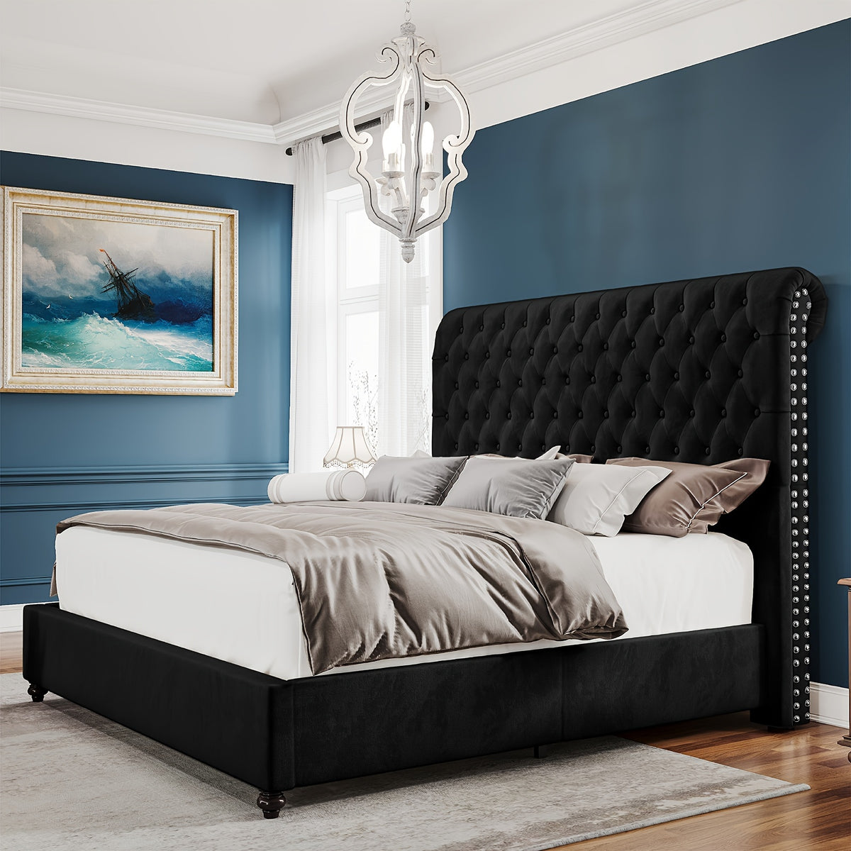 Papajet Upholstered Sleigh Platform Bed Frame with Diamond Button Tufted Headboard