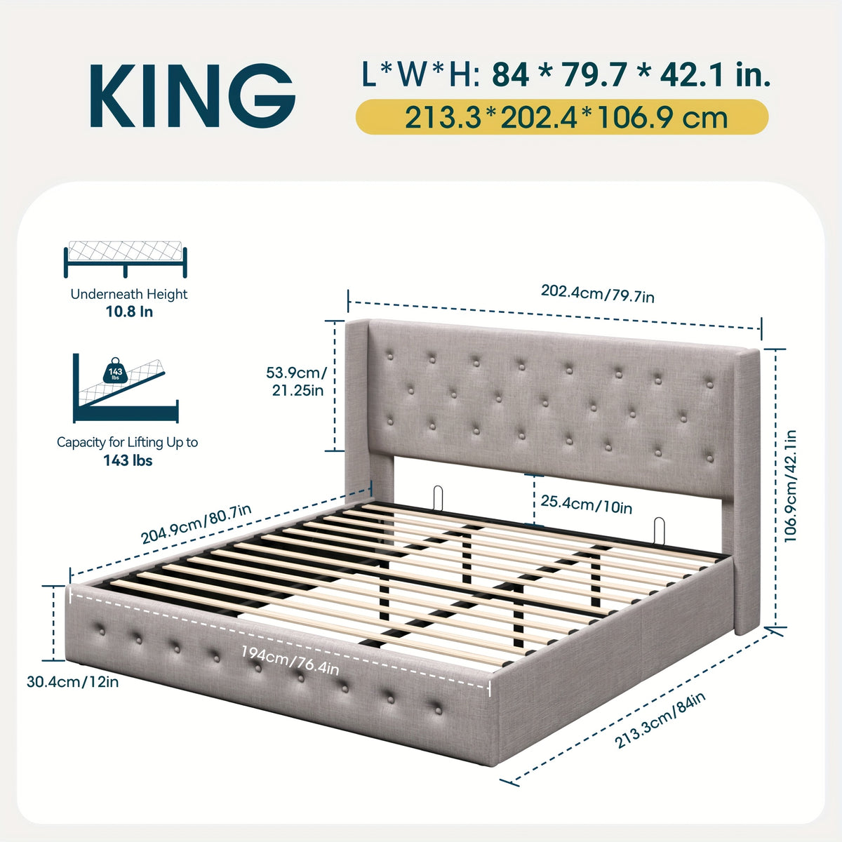 WEEWAY Lift Up Storage Bed, Modern Wingback Upholstered Headboard, Hydraulic Platform Bed, Wooden Slats Support, Heavy Duty Mattress Foundation, No Box Spring Needed, Easy Assembly, Full/Queen/King Size, for House Bedroom Furniture, Free Shipping
