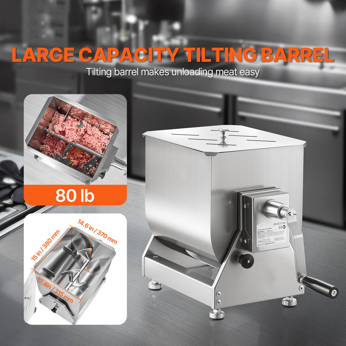 VEVOR Manual Meat Mixer 10L/20L/30L/40L Fixed Tank Mixing Max 60LB for Meat Sausage Mixer, Non-tiltable style/Tiltable style
