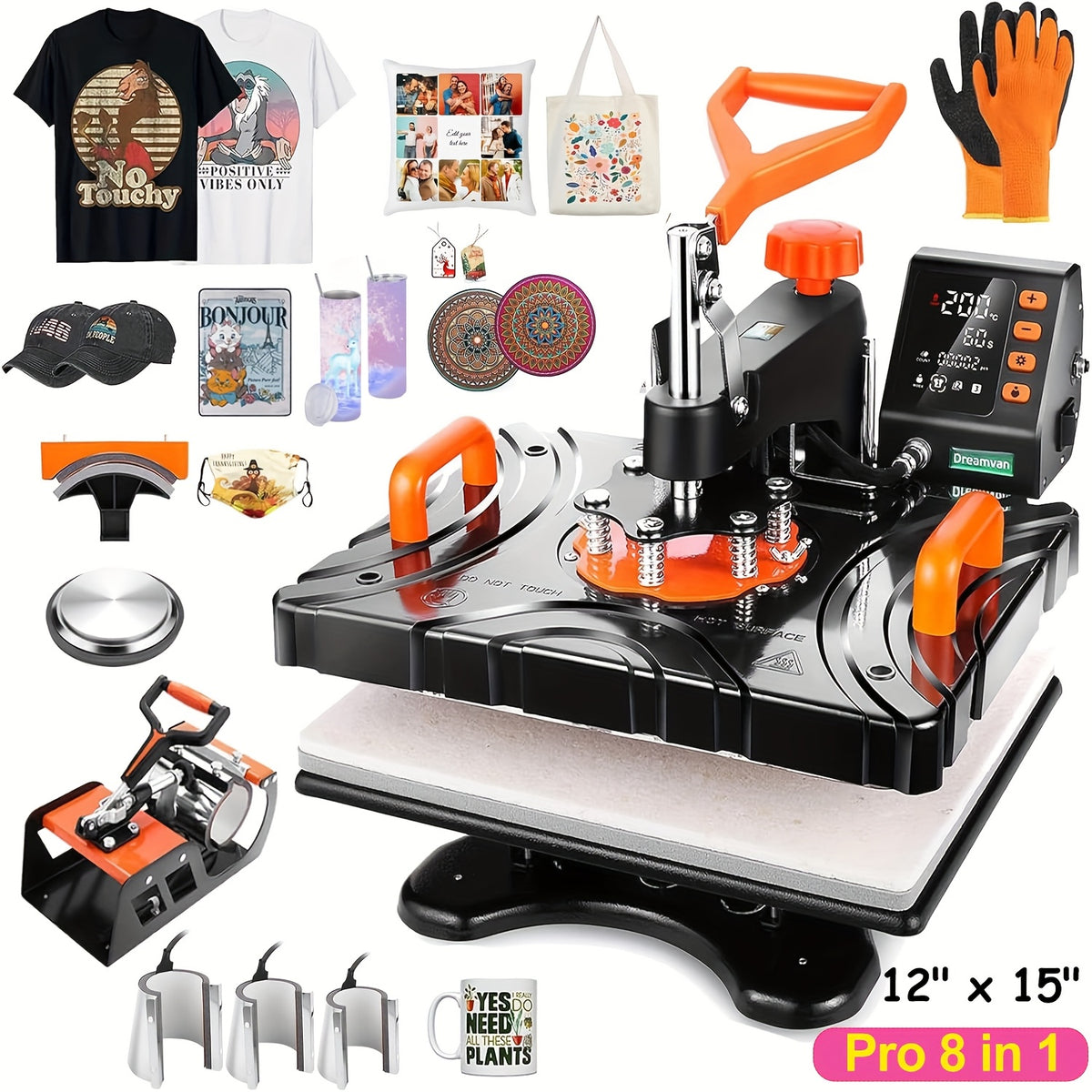 11pcs 8-in-1 - 15"x15"/12"x15" Heat Press Set for T-Shirts, Bags, Pillows, Hats, Beanies, Roller - 12"x10" T-Shirt Machine(Weight 25.35 Lbs) & 15"x15" Auto Single-Workbench & 15"x15" Auto Dual-Workbench Heat Press Only for Cloth, Shirts, Canvas Bags