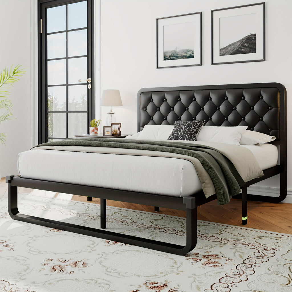 Sturdy Platform Bed Frame Featuring a Button-Tufted Headboard in Black Faux Leather Or Dark Grey Linen, Offering 12 Inches of Storage Space