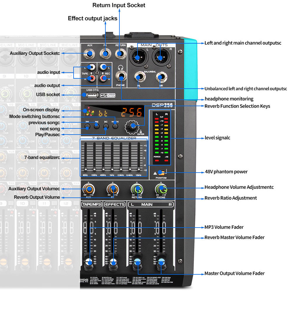 Professional 12 Channel USB Mixer with 256 Reverb Effects And 48V Phantom Power Supply Supporting Wireless Connection on Mobile Phones - Leading The Music Trend!