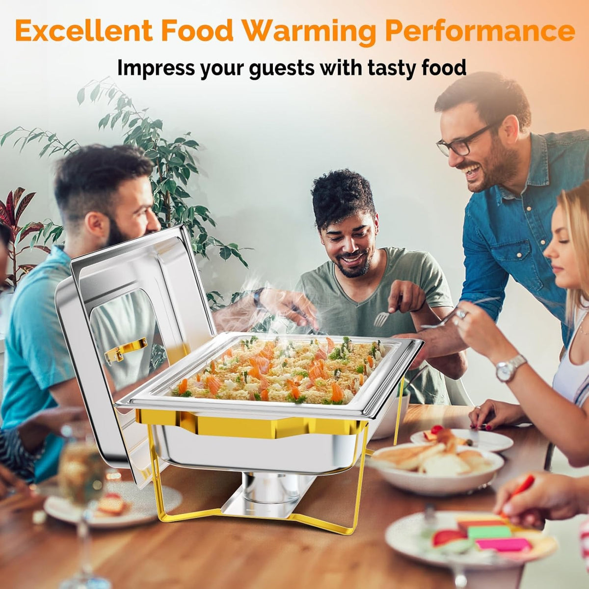 MEFEIR Chafing Dishes for Buffet 4 Pack, 9QT Chafing Dish with Multiple Food Pans Combo,Stainless Steel Buffet Servers and Warmers with Glass Lid & Folding Frame for Parties Weddings, Gold & Silver only for cooking