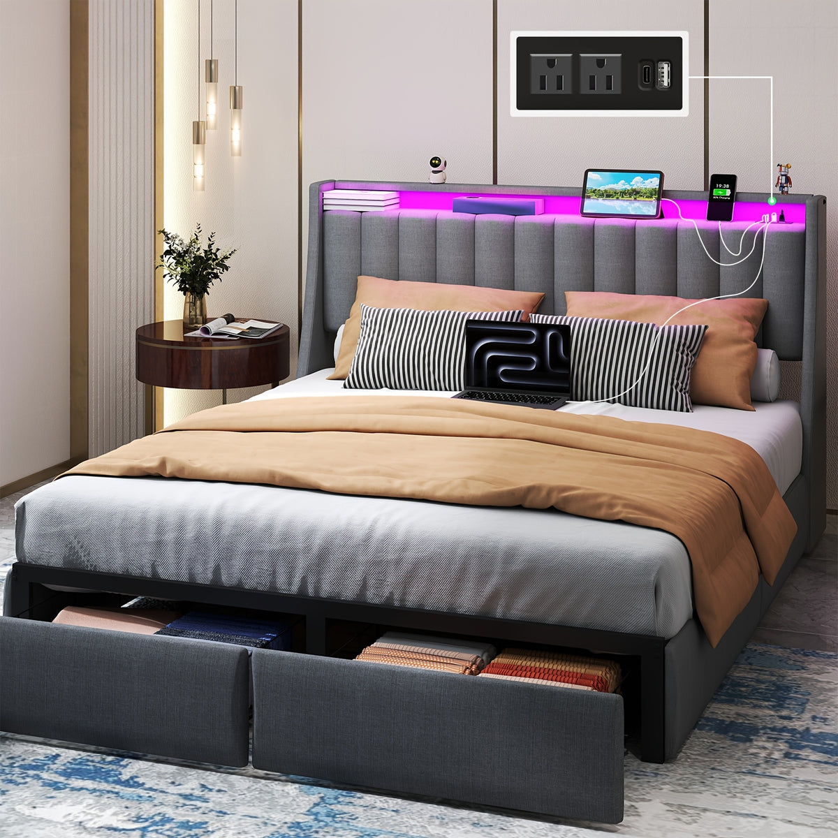 Full Queen King Bed Frame with 2 Storage Drawers And Luxury Wingback Upholstered Button Tufted Storage Headboard, Charging Station, Storage Headboard & LED Lights, Noise-Free-Dark Gray
