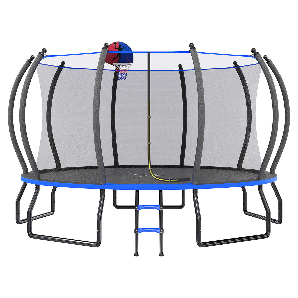 Indoor Outdoor Trampoline for Teenagers, 8ft/10ft/12ft/14ft/15ft/16ft with Safety Enclosure Net, Pop-up Quick Connector Frame, Basketball Hoop Optional, Includes Ladder, Blue/Black Backyard Jumping Trampoline