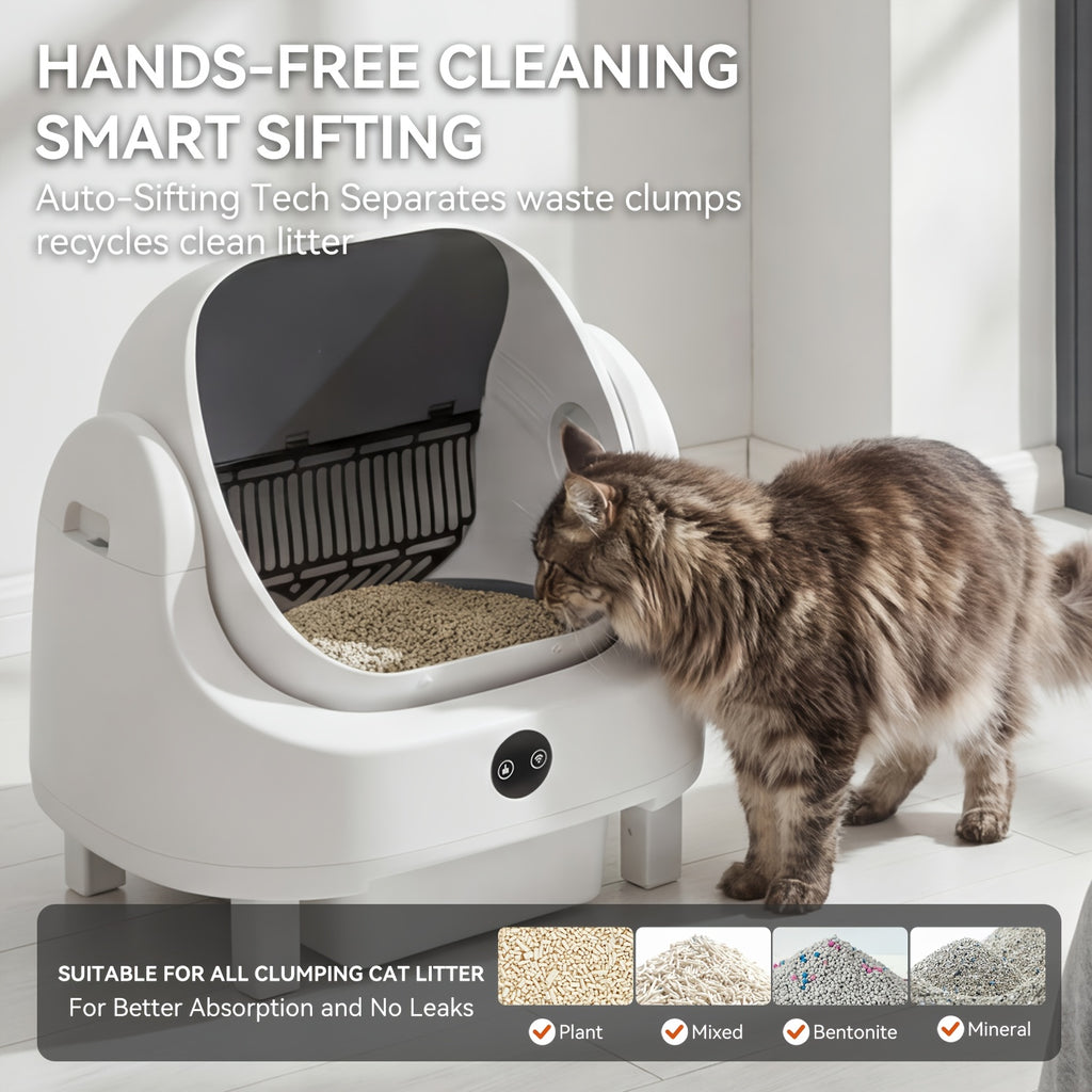 Aoxun Automatic Self-Cleaning Cat Litter Box for Multiple Cats - Large Robot-Style Litter Box with Smart Sensor, Open-Top Design & 360° Safety Protection, Odor-Free Auto Scooper for Indoor Cats, Without Battery