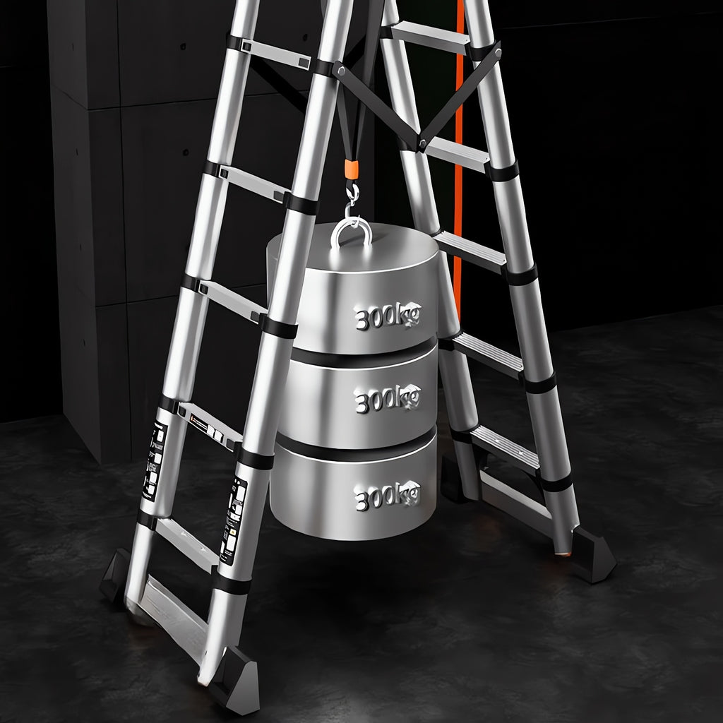 Ladders14 FT A-Frame Extension Ladder, Step Ladder Heavy Duty Stainless Steel Telescoping Ladder with Stabilizer Bar, 350 Lbs Capacity Multi-Position Ladder for Home, Indoor, Outdoor, Stairs, Roof, Folding Storage Ladder