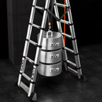 Ladders14 FT A-Frame Extension Ladder, Step Ladder Heavy Duty Stainless Steel Telescoping Ladder with Stabilizer Bar, 350 Lbs Capacity Multi-Position Ladder for Home, Indoor, Outdoor, Stairs, Roof, Folding Storage Ladder