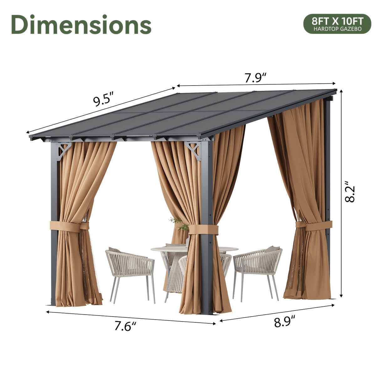 8x10/14x10/12x10/16x10/20x10ft Gazebo, Wall-Mounted Pergola with Drapes, Patio Gazebo Compact Sturdy Hardtop for Gardens Yards Backyard Deck Outdoor(Brown)