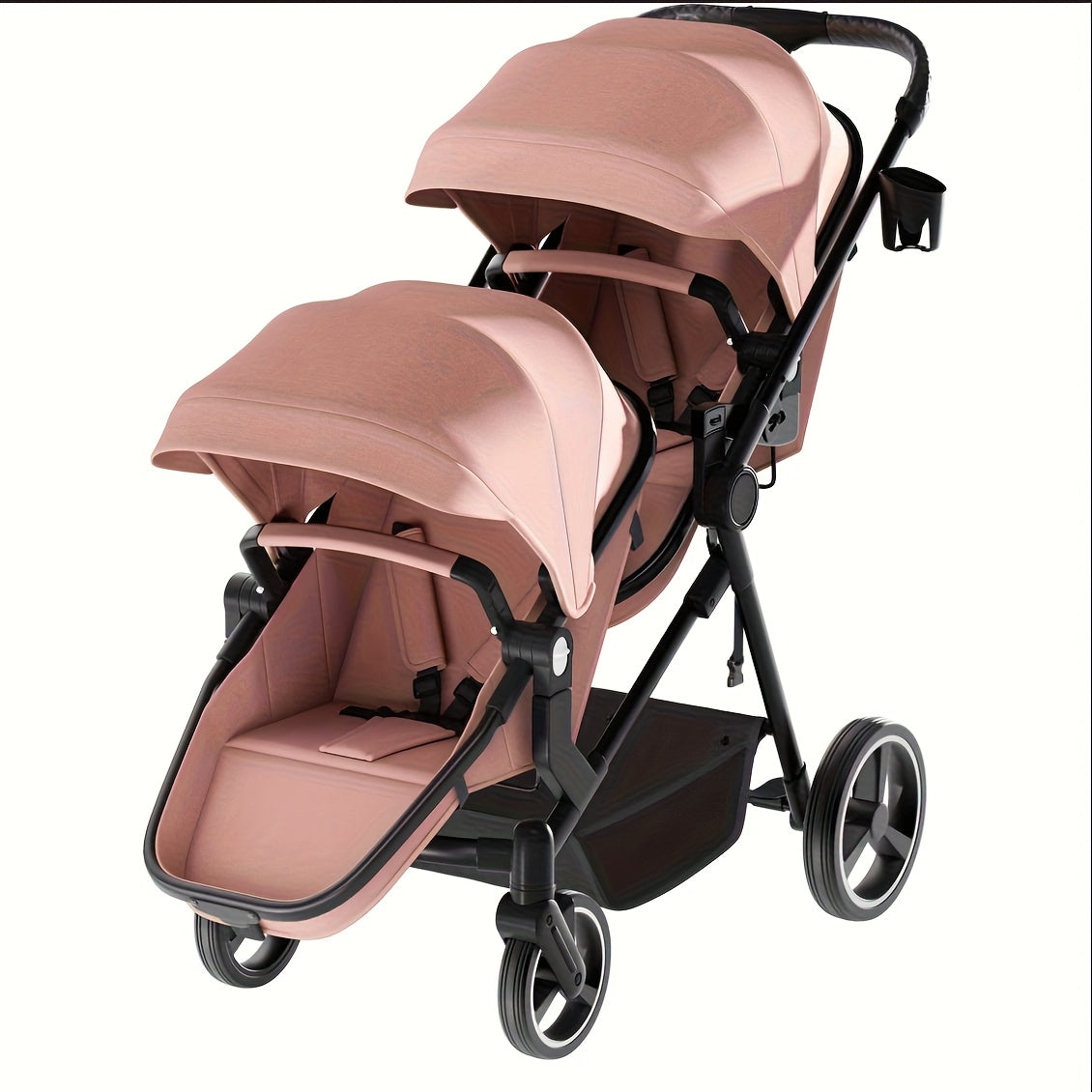 Foldable Double Stroller - Tandem Design with Adjustable Backrest, Reversible Seat, Five-point Safety Harness and Storage Basket - Convertible Bassinet for Infants and Toddlers