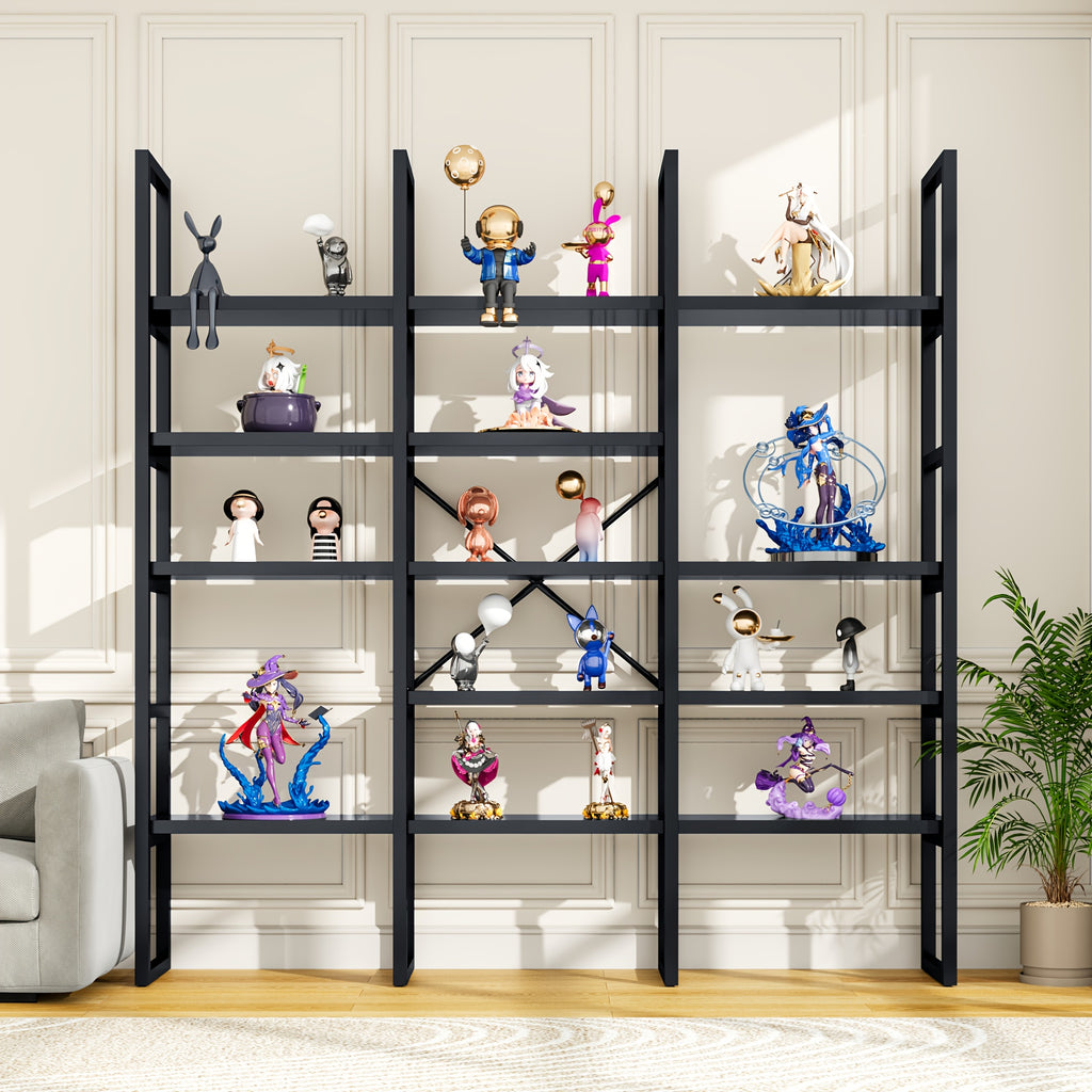 Industrial Bookcase, 71-Inch 5-Tier Triple-Wide Geometric Display Shelf for Home or Office