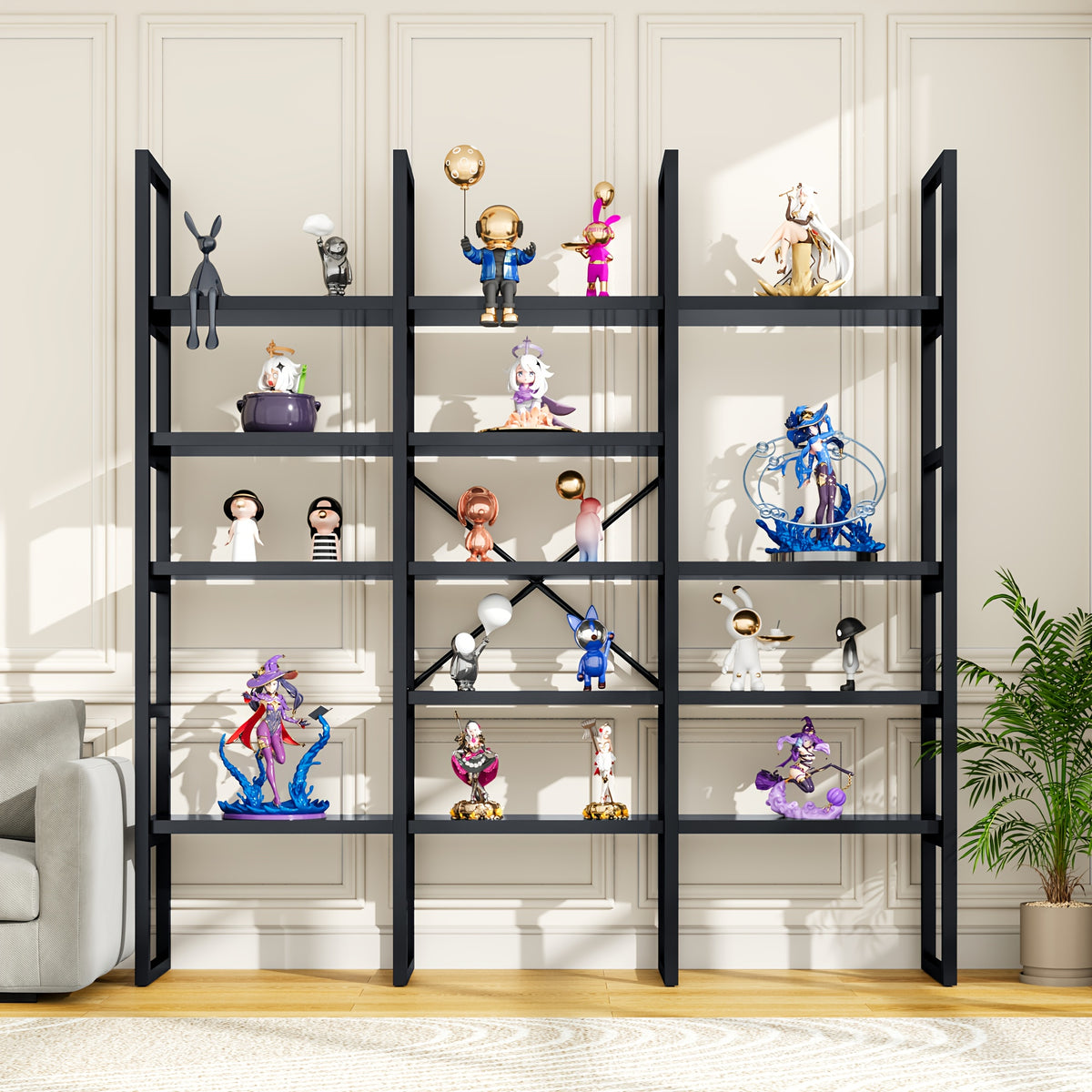 Industrial Bookcase, 71-Inch 5-Tier Triple-Wide Geometric Display Shelf for Home or Office
