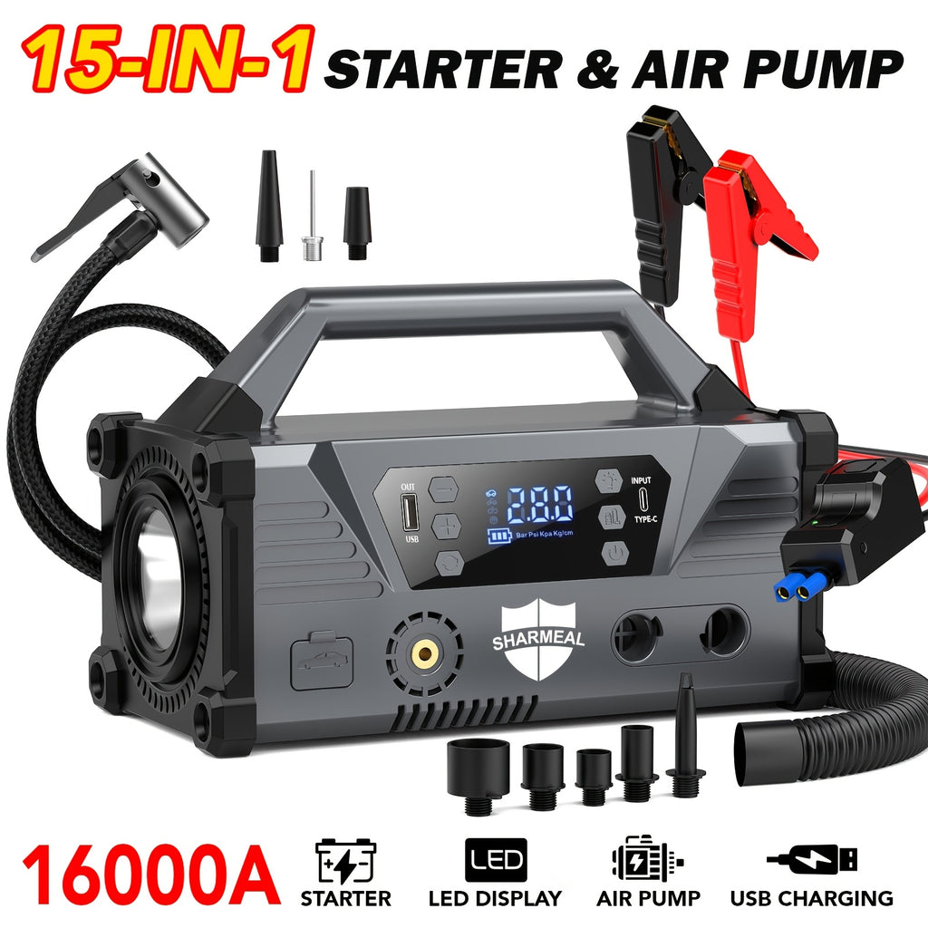 15-in-1 Jump Starter with Air Compressor 26000A 160PSI 30W Charging, Portable Car Battery Jump Starter (All Gas/All Diesel) Jump Box Car Battery Jumper Starter Portable Jumper Cables, LED Lights, Battery Chargers, Winter Essentials, Holiday Gifts.