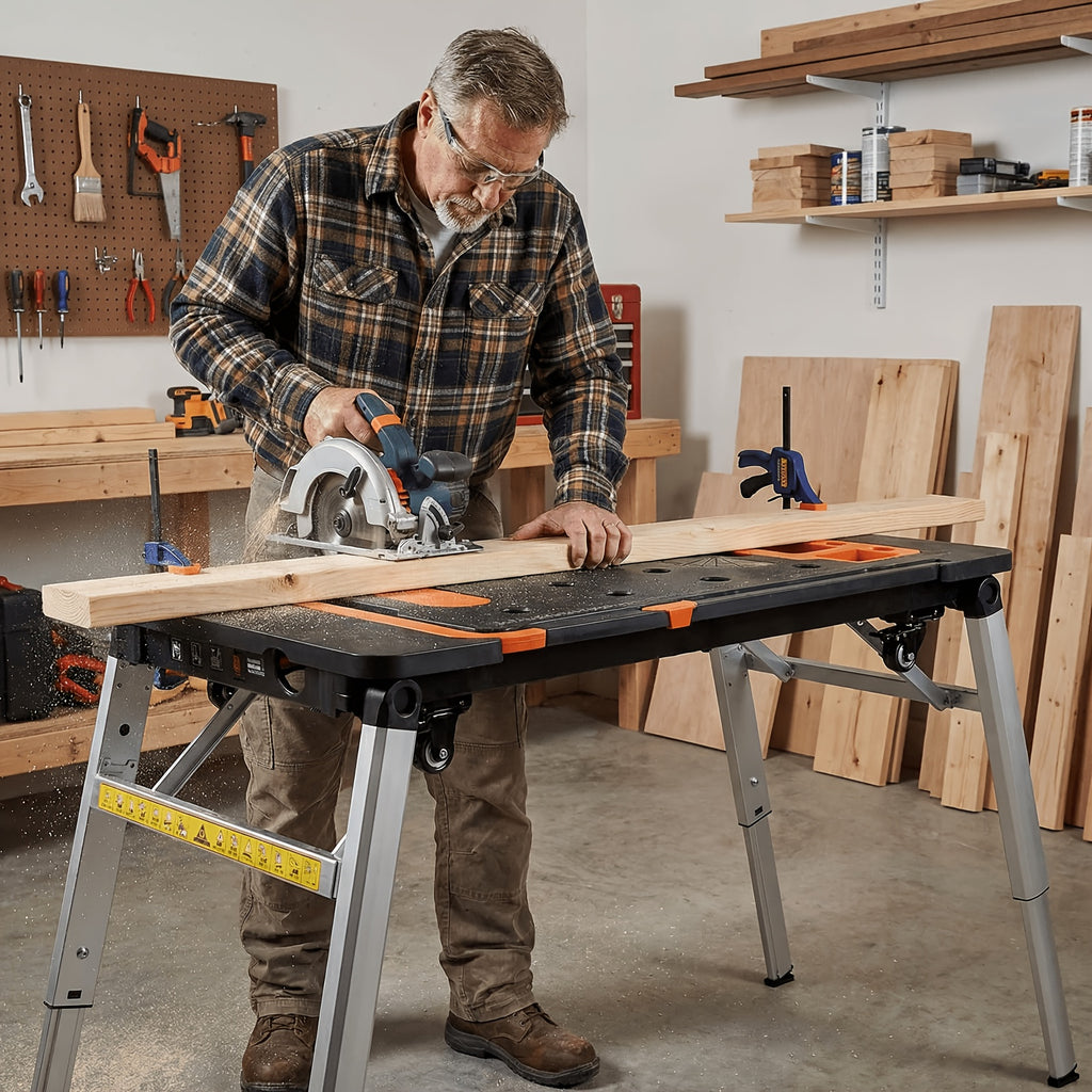 7in 1 Multifunctional Work Benches with Power Outlet, Folding Work Table for Garage, As Portable Workbench, Sawhorse, Scaffold, Platform, Car Creeper, Dolly And Hand Truck, with 4 Wheels, Requires No Assembly