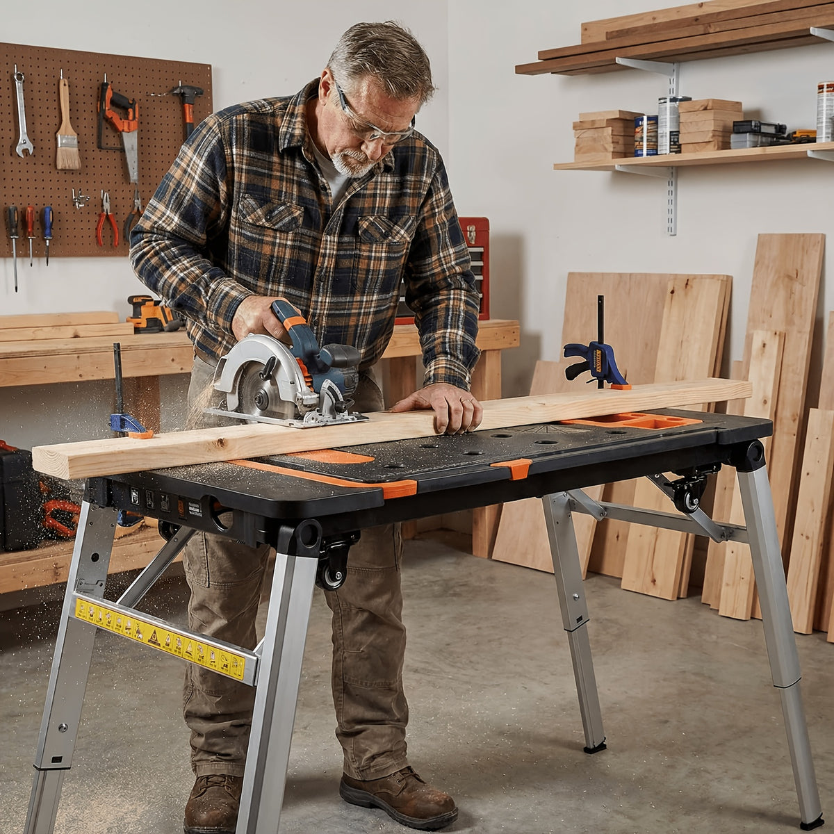 7in 1 Multifunctional Work Benches with Power Outlet, Folding Work Table for Garage, As Portable Workbench, Sawhorse, Scaffold, Platform, Car Creeper, Dolly And Hand Truck, with 4 Wheels, Requires No Assembly