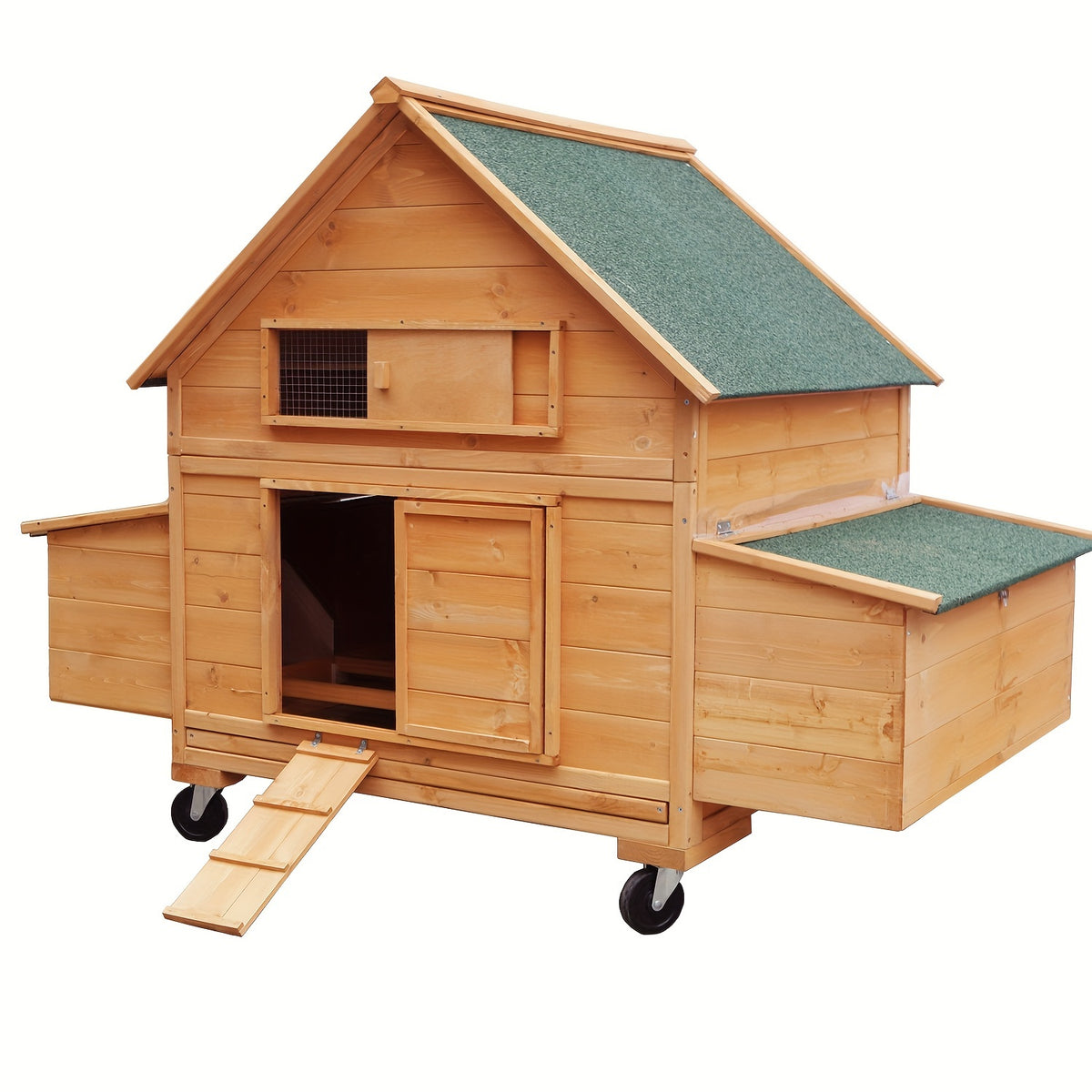 Large Chicken Coop with Wheels, Waterproof Outdoor Hen House for 6-8 Chickens, Movable Chicken House with Two Nesting Boxes, Removable Tray, PVC Cover, Wooden Duck Coop Rabbit Hutch