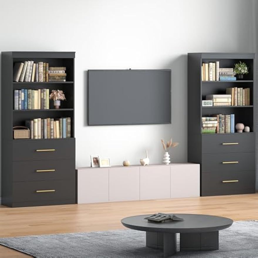 Tall Bookshelf for Home Office or Living Room, 71-Inch Design with Three Drawers for Display and Hidden Storage