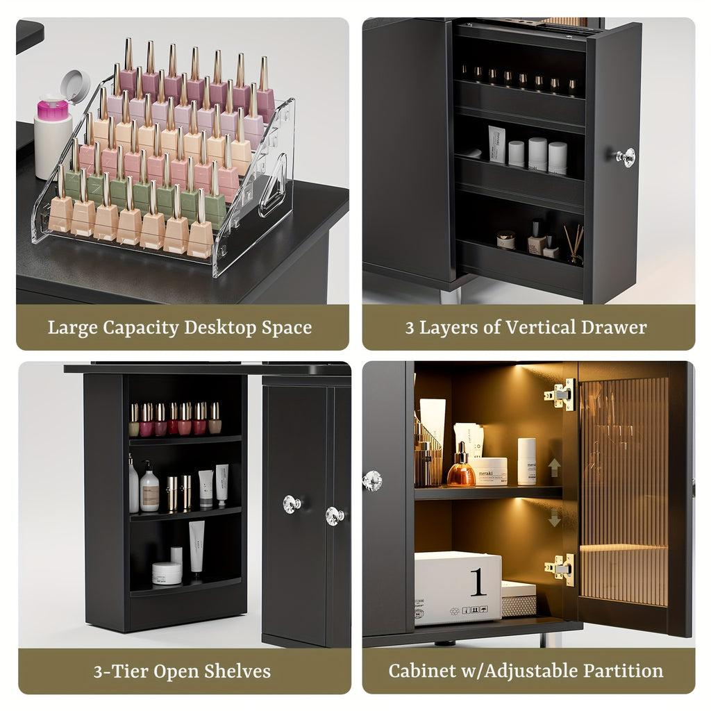 Paddie Manicure Table Nail Desk, Glass Cabinet Door Nail Table Station W/Dust Collector, Removable Acrylic Container, Cabinet And Drawer